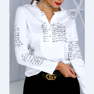 Fashion Printed Letter V-Neck Button Long-Sleeved Shirt Top