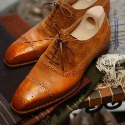 Handmade men brown oxfords cap toe cognac leather lace up shoes - Thumbnail 3