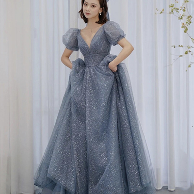 Blue v neck tulle long a line prom dress evening dress - Thumbnail 4