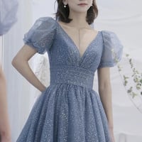 Blue v neck tulle long A line prom dress evening dress - Thumbnail 1