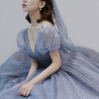 Blue v neck tulle long A line prom dress evening dress - Thumbnail 2