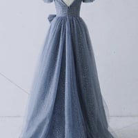 Blue v neck tulle long A line prom dress evening dress - Thumbnail 3