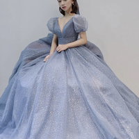 Blue v neck tulle long A line prom dress evening dress - Thumbnail 4