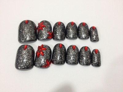 Nails by traveling lacquerista - black with silver glitter and red flowers