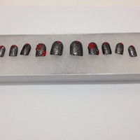 Nails by Traveling Lacquerista - Black with silver glitter and Red flowers - Thumbnail 2