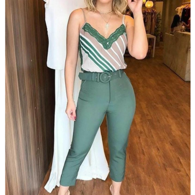 Casual v-neck lace stitching print two-piece set - Thumbnail 4