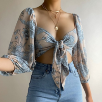 Backless Bowknot Puff Sleeve Sexy T-Shirt - Thumbnail 1