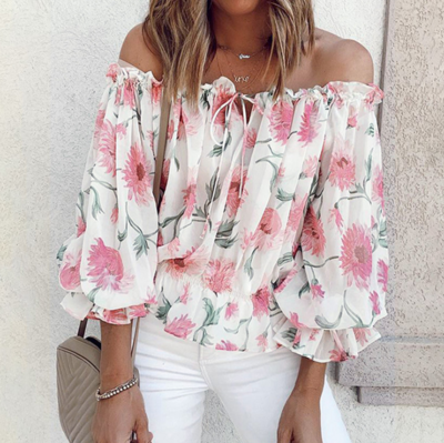 Off-The-Shoulder Sweet Floral Print Chiffon Shirt
