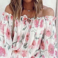 Off-The-Shoulder Sweet Floral Print Chiffon Shirt - Thumbnail 1