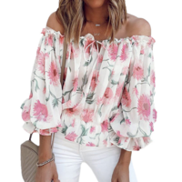 Off-The-Shoulder Sweet Floral Print Chiffon Shirt - Thumbnail 3