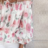 Off-The-Shoulder Sweet Floral Print Chiffon Shirt - Thumbnail 2