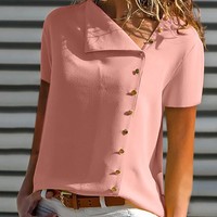 Fashion Button Irregular Short-Sleeved Solid Color Shirt - Thumbnail 2