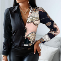 Retro Solid Color Long-Sleeved Floral Chiffon Shirt - Thumbnail 1