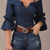 Fashion Women'S V-Neck Off-Shoulder T-Shirt Top - Thumbnail 2