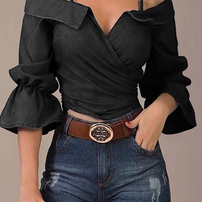 Fashion women's v-neck off-shoulder t-shirt top - Thumbnail 2