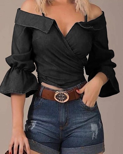 Fashion Women'S V-Neck Off-Shoulder T-Shirt Top