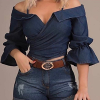 Fashion Women'S V-Neck Off-Shoulder T-Shirt Top - Thumbnail 1