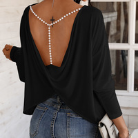 Sexy Backless Pearl Chain Long Sleeve T-Shirt - Thumbnail 2