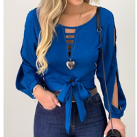 V-Neck Long Sleeve Ladies Chiffon Top - Thumbnail 2