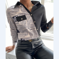 Fashion Retro Print Stitching Letters Long-Sleeved Shirt Top - Thumbnail 2