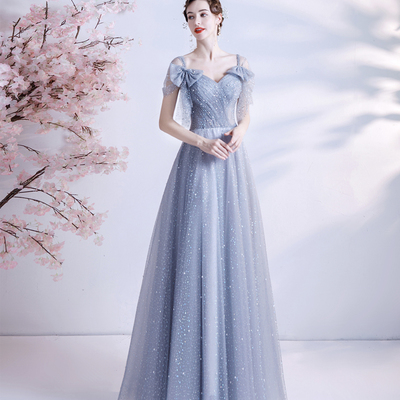 Gray tulle sequins long a line prom dress evening dress - Thumbnail 2