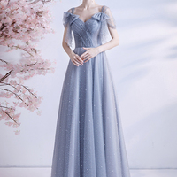 Gray tulle sequins long A line prom dress evening dress - Thumbnail 1