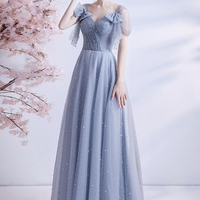 Gray tulle sequins long A line prom dress evening dress - Thumbnail 5