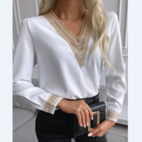 Women'S Fashion Long Sleeve V-Neck Chiffon Shirt Top - Thumbnail 1