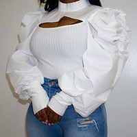 Long Sleeve Solid Color Puff Sleeve Shirt Top - Thumbnail 2