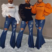 Long Sleeve Solid Color Puff Sleeve Shirt Top - Thumbnail 3