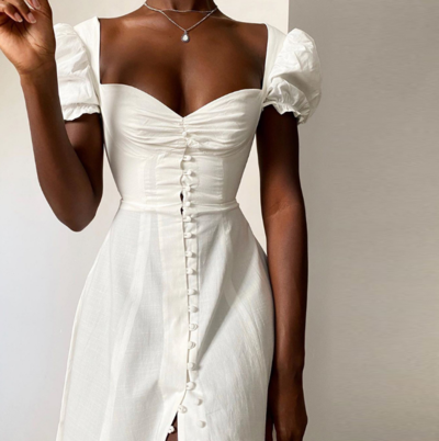 Solid Color Bubble Short-Sleeved Slim High Waist Princess Dress