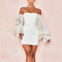 Slim Solid Color Strapless Puff Sleeve Dress - Thumbnail 2