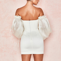 Slim Solid Color Strapless Puff Sleeve Dress - Thumbnail 5