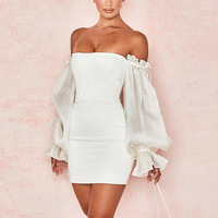 Slim Solid Color Strapless Puff Sleeve Dress - Thumbnail 3
