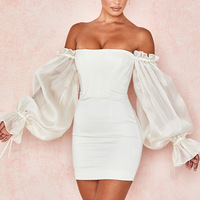 Slim Solid Color Strapless Puff Sleeve Dress - Thumbnail 1