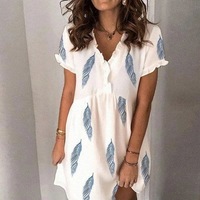 Fashion Mini V-neck Printed Short Sleeve Dress - Thumbnail 1