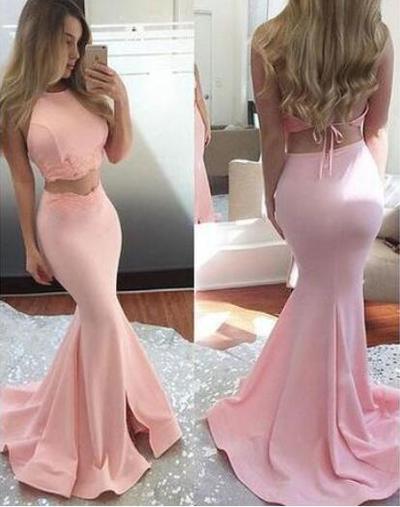 Pink Two Piece Mermaid Prom Dresses with Appliques Lace