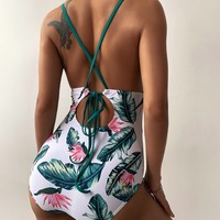 Printed Sexy Backless One-Piece Swimsuit - Thumbnail 3