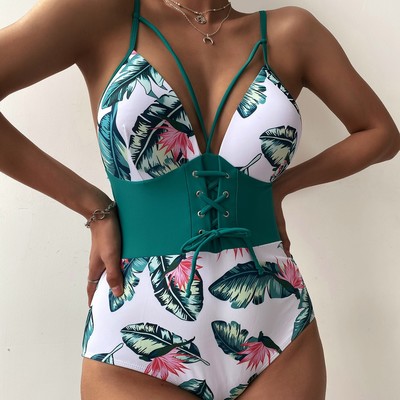 Printed sexy backless one-piece swimsuit