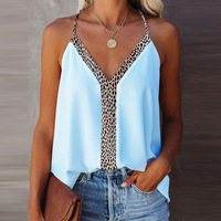 Solid Color V-Neck Leopard Print Blouse - Thumbnail 1