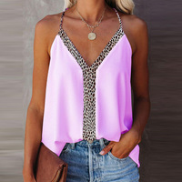 Solid Color V-Neck Leopard Print Blouse - Thumbnail 2
