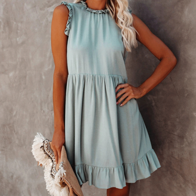 Casual slim sleeveless round neck flounced dress - Thumbnail 1