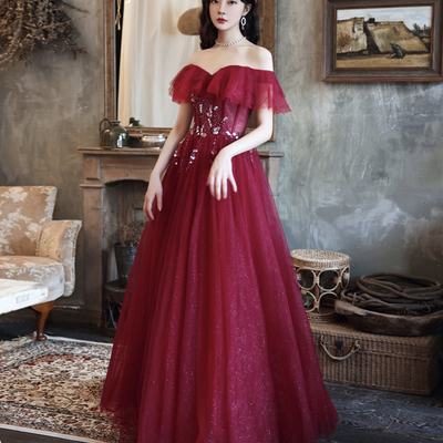 Burgundy tulle long a line prom dress evening dress - Thumbnail 4