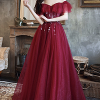Burgundy tulle long A line prom dress evening dress - Thumbnail 1