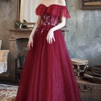 Burgundy tulle long A line prom dress evening dress - Thumbnail 2