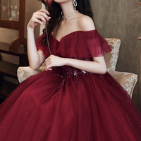 Burgundy tulle long A line prom dress evening dress - Thumbnail 3