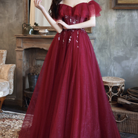 Burgundy tulle long A line prom dress evening dress - Thumbnail 4