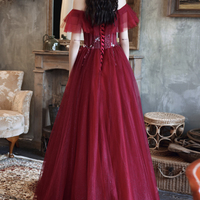 Burgundy tulle long A line prom dress evening dress - Thumbnail 6