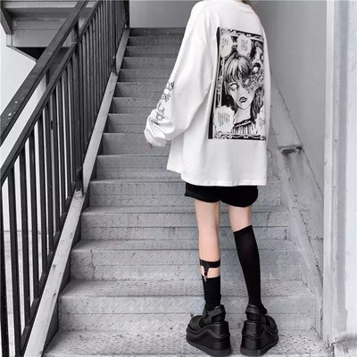 White Dark Anime Girl Cartoon Print Long Sleeve White T-Shirt Oversize Loose Vintage Goth  Aesthetic E-Girl Kawaii Korean Japanese Harajuku Streetwear