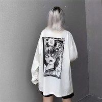 White Dark Anime Girl Cartoon Print Long Sleeve White T-Shirt Oversize Loose Vintage Goth  Aesthetic E-Girl Kawaii Korean Japanese Harajuku Streetwear - Thumbnail 1